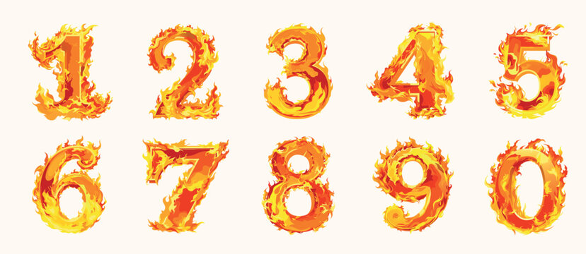 flaming all numbers from zero to nine, numerals digits