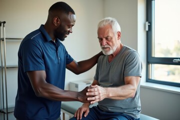 Obraz premium Black Doctor helps and advises the patient in the clinic. Concept of physiotherapy and a healthy lifestyle. Generative AI