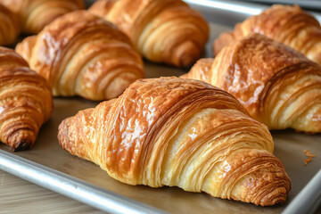 Freshly baked croissants, with a golden, flaky crust and visible layers of buttery pastry. Generative AI