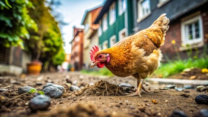 Fototapeta premium Rural Chicken Foraging for Food in Slow Motion Amidst Urban Exploration Photography, Capturing Nature's Beauty and Wildlife Interactions in a Unique Environmental Setting