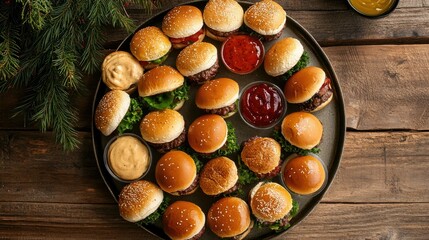 A festive platter of mini cheeseburgers with assorted sauces, top view, copy space, no people