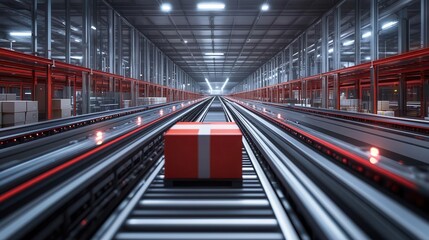 Automated conveyor belts transporting goods in a futuristic warehouse setting, logistics automation, advanced warehousing systems