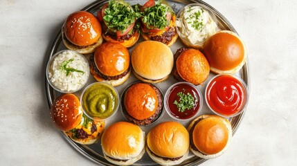 A festive platter of mini cheeseburgers with assorted sauces, top view, copy space, no people