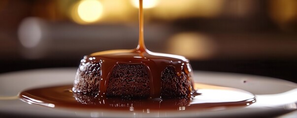 Caramel slowly dripping off the side of a dessert, glossy and rich in slow motion Food Slow Motion, Caramel drip dessert