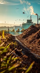 A biomass energy facility with piles of organic material, surrounded by lush fields, with a bright blue sky and birds soaring overhead -