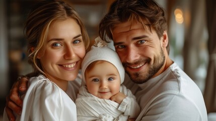 A happy couple cradles their adorable baby in a warm, inviting living room, radiating love and joy in the soft evening light