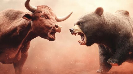 Dramatic close-up of a bull and bear fight, both exhausted and collapsing amidst a crashing market
