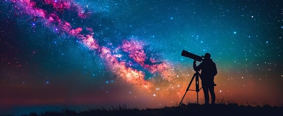 Beneath a dazzling sky, a stargazer uses a telescope to explore the breathtaking colors of the Milky Way in a serene countryside setting at night