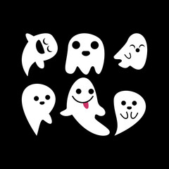 Cute vector ghost icons, Halloween design set, Kawaii black ghost collection on white background Ghost cartoon characters expressions happy, surprised, scary, smiling, Halloween decoration.