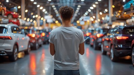 Amidst numerous gleaming cars, a young individual stands in contemplation, absorbing the vibrant atmosphere of a bustling dealership at night