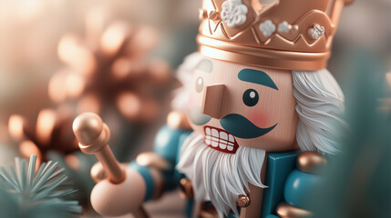 A wooden nutcracker is sitting on a table with a bunch of colorful balls. The nutcracker is wearing a blue hat and has a mustache. The balls are scattered around the nutcracker, some of them are pink