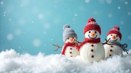 Fototapeta premium Snowman on a snowy background with winter decorations and festive elements