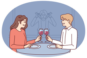 Stalker girl is watching date of former boyfriend drinking wine in restaurant with new girlfriend. Concept of jealousy and surveillance of loved one going on date or betrayal from cheating husband