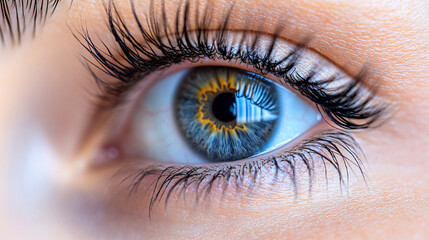 Obraz premium Close up woman eyes. Macro classic volume long eyelash extensions, lamination, correction. Natural beauty or laser vision correction. Skin care, beauty, makeup concept.