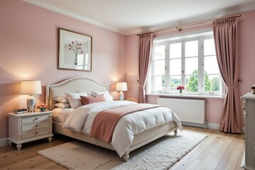 This is an elegant pink bedroom, featuring cozy decor and an abundance of natural light pouring in