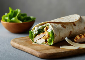 Grilled chicken wrap with fresh lettuce and creamy dressing on a wooden board in a cozy kitchen setting