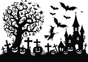 Fototapeta premium Halloween night illustration with dark castle cemetery crosses, white background