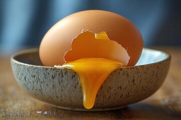 Slow-motion of an egg cracking open on the edge of a bowl, yolk dripping dramatically Food Slow Motion, Egg cracking yolk drip