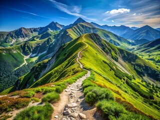 Obraz premium Scenic Ridge Trail in the Western Tatras Mountains with Lush Greenery and Majestic Peaks for Hiking Enthusiasts and Nature Lovers