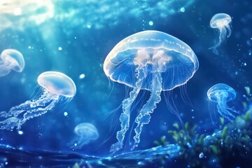 Fototapeta premium Radiant jellyfish gracefully drifting in the ocean.
