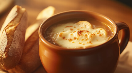 A delicious looking pie with herbs on top sits on a white plate. The pie is golden brown and looks freshly baked. The herbs on top add a pop of color and flavor to the dish. onion soup