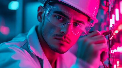 Skilled technician diligently repairing intricate high voltage electric circuits against a vibrant neon lit urban backdrop showcasing their expertise in electrical maintenance and troubleshooting