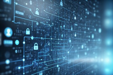 Naklejka premium Digital Network Security Abstract Background with Blue Lights and Lock Icons