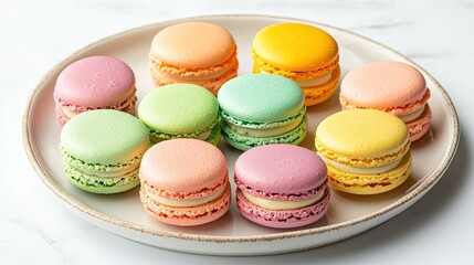 Obraz premium An array of colorful macarons in pastel shades on a plate, top view, copy space, no people