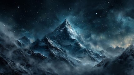 Snowy Mountain Range with Glowing Effects at Night