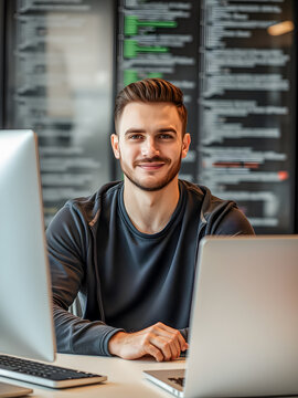 Tech startup programmer digital innovator. Portrait of young guy. Software coding man computer in office at night for deadline. IT, focus and male coder, engineer or person programming. Ai generated