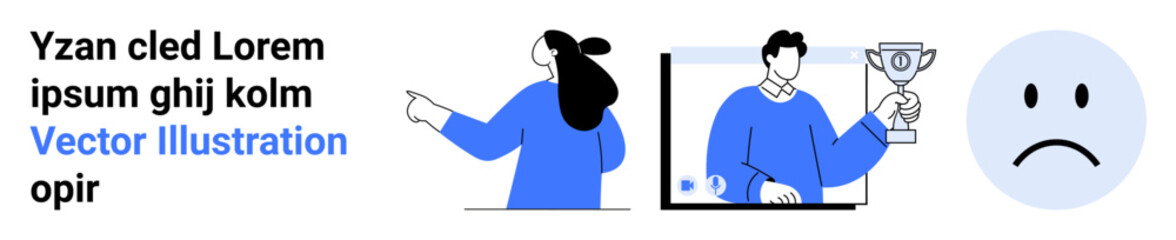 Simplified artwork in shades of blue and grey with three distinct illustrations. Ideal for emotional expression, achievement, instruction, user feedback, and educational content. Landing page