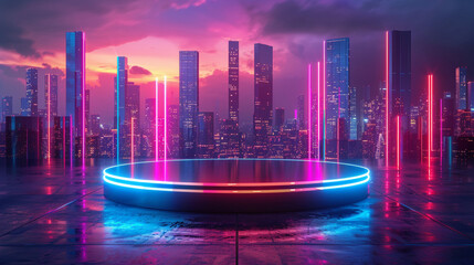Glossy Black Podium with Neon Lights in Futuristic City