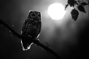 Reflective owl perched on a branch under the moonlight. 