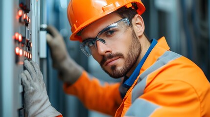 Skilled Electrician in Heavy Duty Protective Workwear Repairing and Maintaining High Voltage Electrical Circuits with Dramatic Sparks Flying