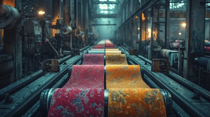 A close-up of an industrial textile production line, showcasing colorful fabric being processed through rollers, highlighting the intricate process of manufacturing.