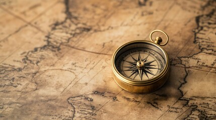 Classic brass compass on an antique map, no people, with ample space for copy tex