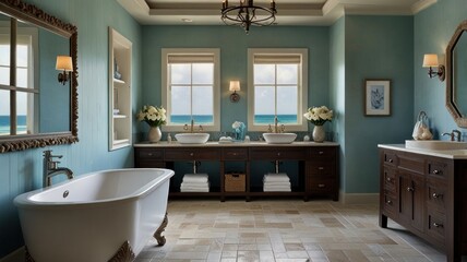 A spacious bathroom with a large soaking tub, dual vanities, and a view of the ocean.
