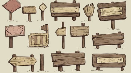 Fototapeta premium Rustic Cartoon Wooden Sign Planks Collection