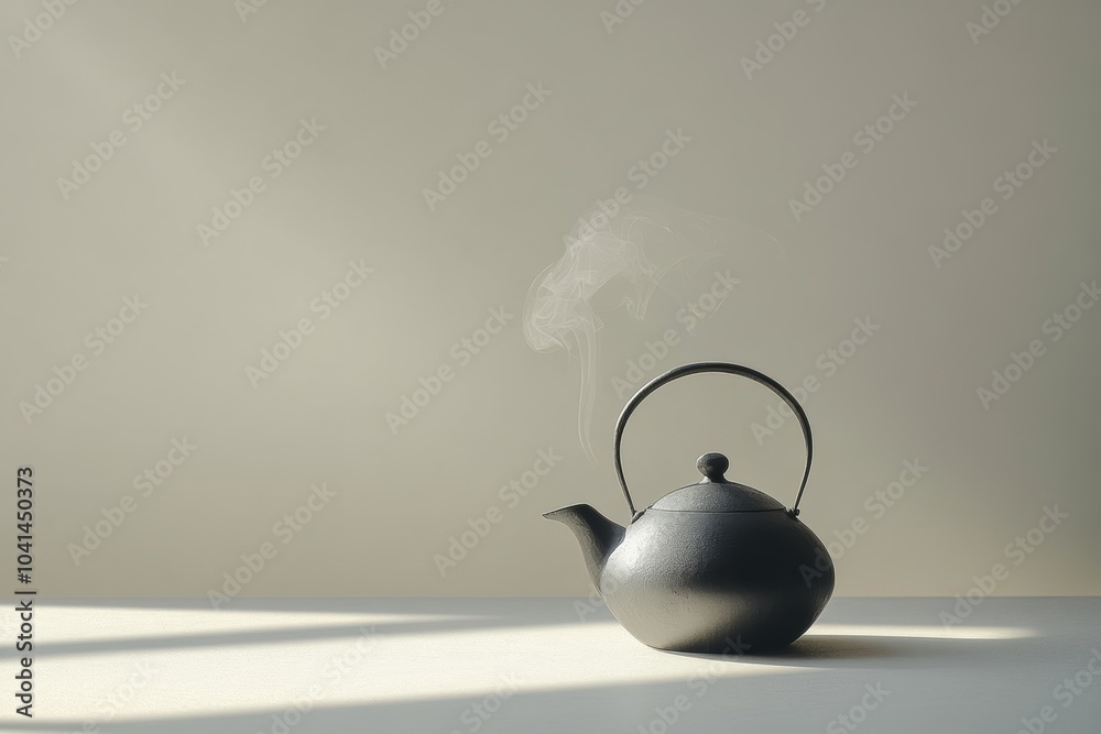 Poster a tea kettle emits gentle steams against a soft muted background, creating a tranquil atmosphere per
