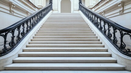 Fototapeta premium Classic marble staircase with ornate iron railing, no people, with copy space for text