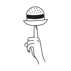 Hand holding Plate with Burger Doodle Icon. Finger gesture with hamburger. Playful fast food drawn symbol for restaurant menu delivery. Outline vector illustration