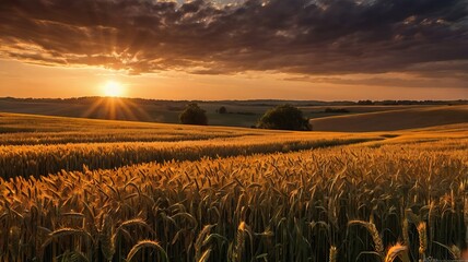 a sunset of golden time ,wheat farm ai gen