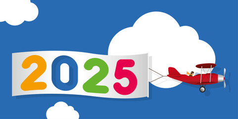 Carte de vœux humoristique, montrant un avion rouge à hélice tirant une banderole blanche, annonçant l’arrivée de l’année 2025.