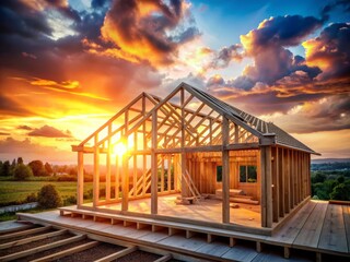 Obraz premium Silhouette of Wooden Framework in Construction: Capturing the Beauty of Architectural Design and Building Process with a Stunning Skyline Backdrop