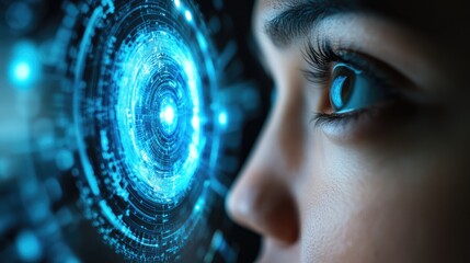 A person gazes at a computer display featuring a blue circular graphic