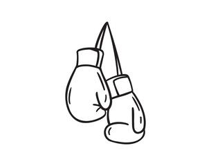 Line hand drawn doodle boxing gloves with ribbon. Outline box drawing icon isolated on white background