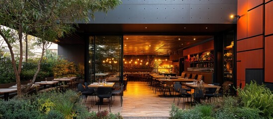 A modern restaurant with patio seating and large windows offering a glimpse into the warm and inviting interior.