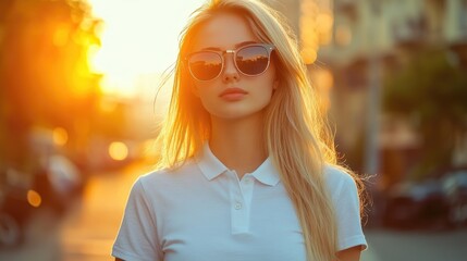 Stylish young hipster woman in trendy sunglasses and a white polo t shirt stands on the street basking in the glow of a summer sunset Adorable blonde fashionista