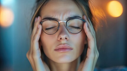 Fototapeta premium Close up of a weary woman rubbing her eyelids and removing her glasses experiencing eyestrain or dry eye syndrome and feeling lightheaded or suffering from a headache after extended work hours