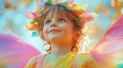 Fototapeta premium Joyful young boy dressed in a colorful fairy tale outfit set against a soft rainbow backdrop
